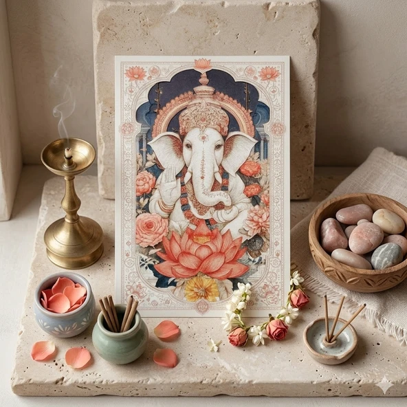 Engel Kaldıran Lord Ganesha Tablosu - Şans ve Bilgelik Sembolü Ahşap Baskı - Hinduizm Sunak (Altar) Aksesuarı ürün görseli 1