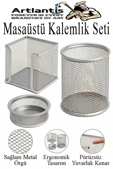 Gümüş Gri Metal Evrak Rafı 3 lü ve Masaüstü Kalemlik 3 lü 1 Paket Masaüstü A4 Dosya 3 Katlı Düzenleyici Kağıt Tepsisi ürün görseli 1