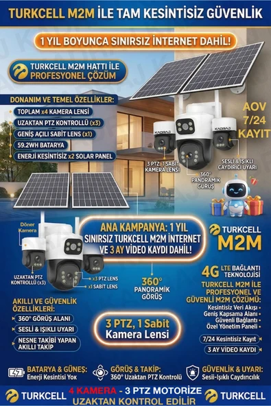 3 Kamera Hareketli 4G Kamera, 4 Kameralı, 2 Solar Panelli, 59wh Yüksek Batarya, Alarm , İnsan Algılama ürün görseli 1