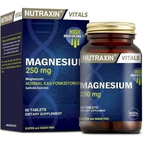 Nutraxin 250 mg Aromasız Magnezyum Takviye Edici Gıda - 60 Tablet, Gluten ve Şeker İçermez, Türkiye Menşeli ürün görseli 1