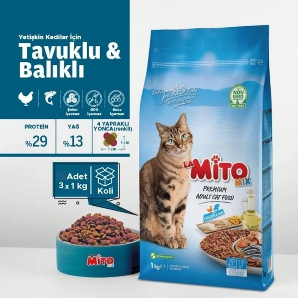 Mito Mix Tavuklu ve Balıklı Yetişkin Kedi Maması 3 x 1 kg ürün görseli 1