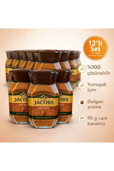 Jacobs Velvet %100 Çözünebilir Kahve 12 Adet x 95 g | Yumuşak İçim, Dolgun Lezzet ürün görseli 1