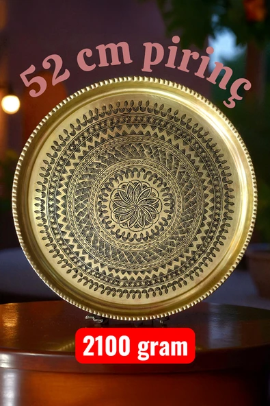 52 cm El İşlemeli Otantik Desenli Kalın Urfa Pirinç Tepsi - Pirinç-TPS452 ürün görseli 1