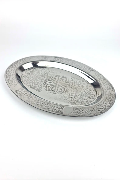 Oval Krom Çelik İskender ve Servis Tabağı – Otantik İşlemeli, 35 cm - Resim 5