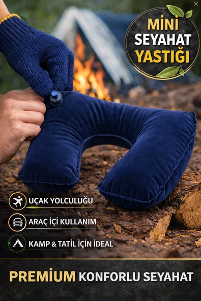 Lacivert Şişme Seyahat Boyun Yastığı – Uçak Araç Kamp İçin Ergonomik Taşınabilir Travel Yastık ürün görseli 1
