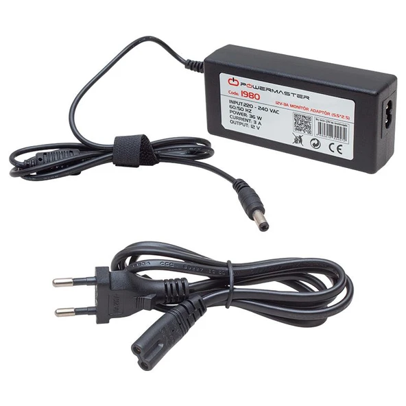 Powermaster PM-1980 12 Volt - 3 Amper - 36 Watt 5.5*2.5 Mm Uçlu Plastik Kasa Masaüstü Adaptör ürün görseli 1