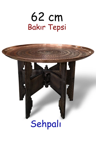 62 cm El İşlemeli Otantik Desenli Kalın Urfa Bakır Tepsi + Katlanabilir Sehpa - BAKIR-TPS496 ürün görseli 1