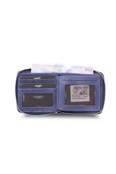 Guard Antique Navy Blue Zipper Horizontal Mini Leather Wallet - Resim 3