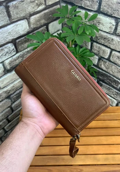 Guard Çift Fermuarlı Taba Deri El Çantası - Resim 2