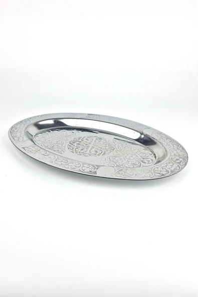 Oval Krom Çelik İskender ve Servis Tabağı – Otantik İşlemeli, 35 cm - Resim 6