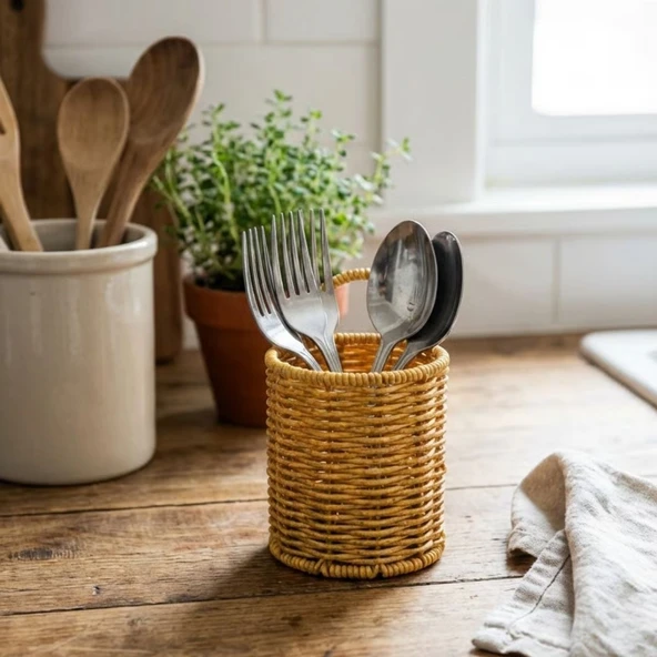 Yuvarlak Hasır Dokulu Plastik Rattan Kaşıklık & Çatallık – Askılı Kendiliğinden Tutmalı Çok Amaçlı Mutfak Organizeri (5433) ürün görseli 1