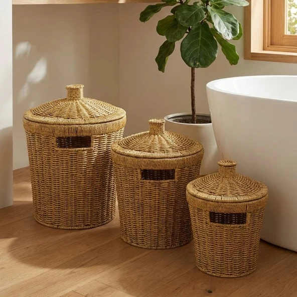 3’lü İç İçe Geçebilen Büyük Plastik Rattan Hasır Sepet Seti-Dayanıklı Çok Amaçlı Ev,Banyo ve Mutfak Düzenleyici (5433) ürün görseli 1
