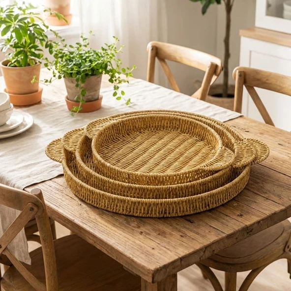 İç İçe Geçebilen 3’lü Yuvarlak Plastik Rattan Tepsi Seti–Hasır Görünümlü Çok Amaçlı Servis ve Sunum Tepsileri (5433) ürün görseli 1