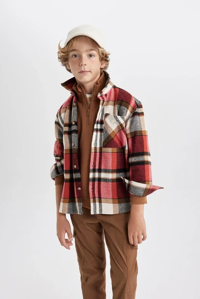 Defacto Erkek Çocuk Oversize Geniş Kalıp Kareli Flanel Uzun Kollu Gömlek W5266a623wn ürün görseli 1