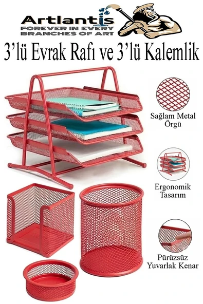 Kırmızı Metal Evrak Rafı 3 lü ve Masaüstü Kalemlik 3 lü 1 Paket Masaüstü A4 Dosya 3 Katlı Düzenleyici Kağıt Tepsisi ürün görseli 1