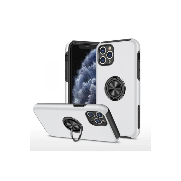 iPhone 11 Pro Max Kılıf Elit Yüzüklü Kapak - Gümüş