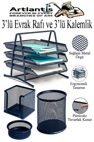 Lacivert Metal Evrak Rafı 3 lü ve Masaüstü Kalemlik 3 lü 1 Paket Masaüstü A4 Dosya 3 Katlı Düzenleyici Kağıt Tepsisi ürün görseli 1
