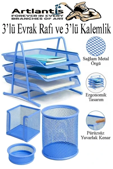 Mavi Metal Evrak Rafı 3 lü ve Masaüstü Kalemlik 3 lü 1 Paket Masaüstü A4 Dosya 3 Katlı Düzenleyici Kağıt Tepsisi ürün görseli 1