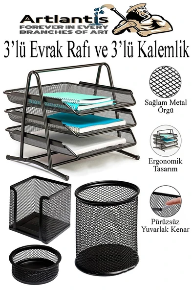 Siyah Metal Evrak Rafı 3 lü ve Masaüstü Kalemlik 3 lü 1 Paket Masaüstü A4 Dosya 3 Katlı Düzenleyici Kağıt Tepsisi ürün görseli 1