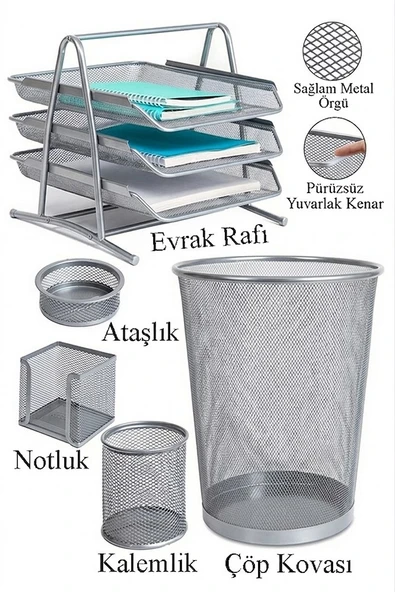 Gümüş Gri Metal Evrak Rafı 3 lü Masaüstü Kalemlik 3 lü ve Fileli Çöp Kovası 1 Paket Masaüstü A4 Dosya Düzenleyici Not ürün görseli 1