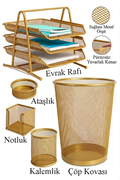 Altın Sarı Metal Evrak Rafı 3 lü Masaüstü Kalemlik 3 lü ve Fileli Çöp Kovası 1 Paket Masaüstü A4 Dosya Düzenleyici Not ürün görseli 1