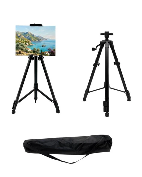 Temel Katlanabilir Metal Tripod Şövale - Kollu Yükseklik Ayarlı, Taşıma Çantalı, Siyah ürün görseli 1