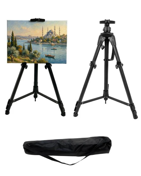 Temel Katlanabilir Metal Tripod Şövale - Kollu Yükseklik Ayarlı, Su Terazili, Pusulalı, Siyah ürün görseli 1