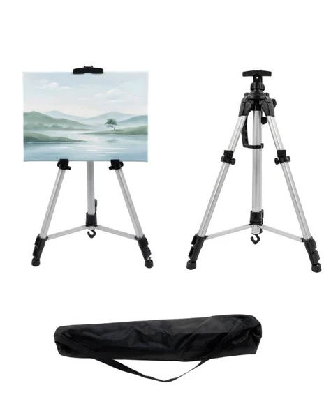 Temel Katlanabilir Alüminyum Tripod Şövale - Kollu Yükseklik Ayarlı, Su Terazili, Pusulalı, Gümüş ürün görseli 1