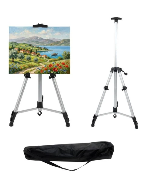 Temel Katlanabilir Alüminyum Tripod Şövale - Kollu Yükseklik Ayarlı, Su Terazili, Gümüş ürün görseli 1