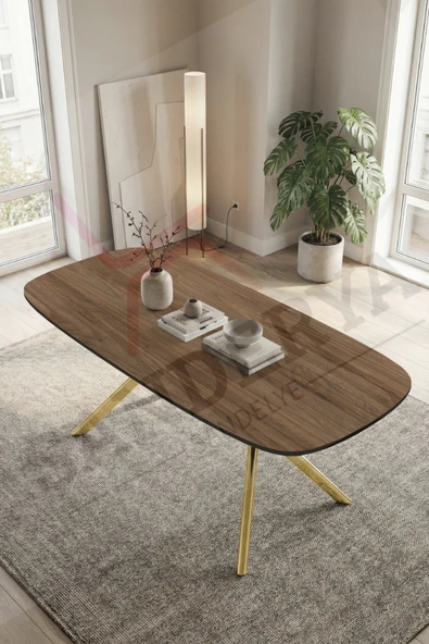 SANDERYA Siena Serisi Sabit Gold Ayaklı Ceviz 85x170 Mutfak Salon Masası ürün görseli 1