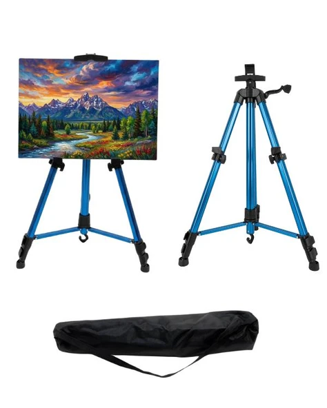 Temel Katlanabilir Alüminyum Tripod Şövale - Kollu Yükseklik Ayarlı, Su Terazili, Mavi ürün görseli 1