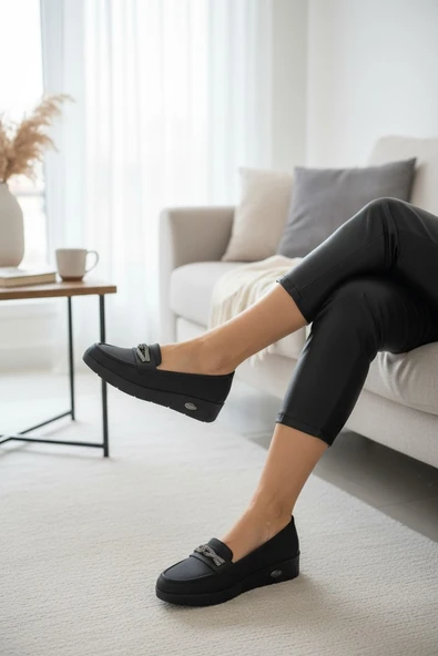 Enoch Hakiki Deri Mikro Dokulu ve Işıltılı Örgü Bantlı Ortopedik Comfort Loafer ürün görseli 1