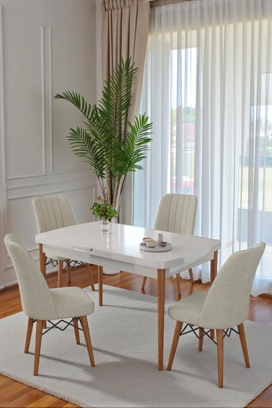 Kaktüs Avm 80x170CM Mutfak Masası Takımı | 4 Kişilik Açılır Masa Sandalye Takımı - Beyaz Masa- Krem ürün görseli 1
