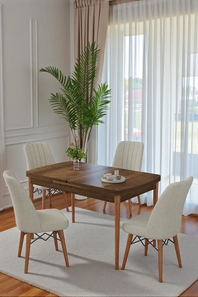 Kaktüs Avm 80x170CM Mutfak Masası Takımı | 4 Kişilik Açılır Masa Sandalye Takımı - Ceviz Masa - Krem ürün görseli 1
