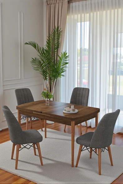 Kaktüs Avm 80x170CM Mutfak Masası Takımı | 4 Kişilik Açılır Masa Sandalye Takımı - Ceviz Masa - Antrasit ürün görseli 1