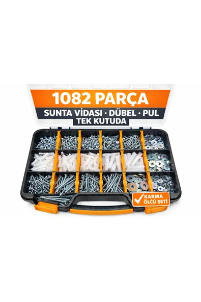Civtex 1082 Parça Vida Dübel Pul Seti DIN 7505 Sunta Vidası Organizer Çantalı Montaj Tamir Seti ürün görseli 1