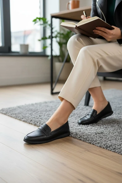 Enoch Hakiki Deri Siyah Lazer Perfore Detaylı Ortopedik Comfort Penny Loafer ürün görseli 1
