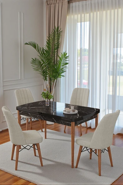 Kaktüs Avm 80x170CM Mutfak Masası Takımı | 4 Kişilik Açılır Masa Sandalye Takımı - Siyah Mermer Masa - Krem ürün görseli 1