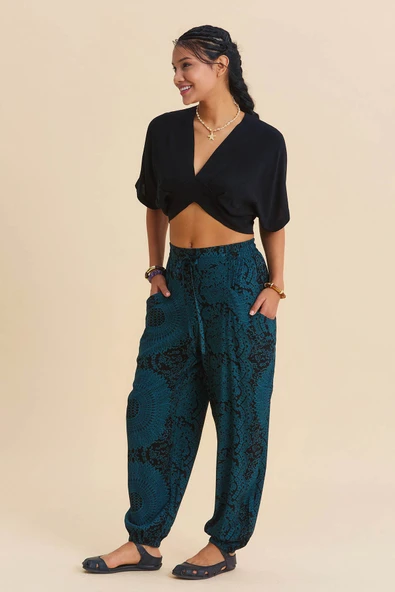 Bohem Stil Dökümlü Paça Lastikli Pantolon - Resim 7