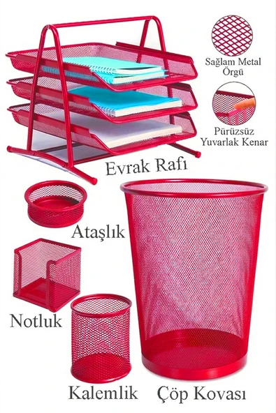 Kırmızı Metal Evrak Rafı 3 lü Masaüstü Kalemlik 3 lü ve Fileli Çöp Kovası 1 Paket Masaüstü A4 Dosya Düzenleyici Not ürün görseli 1