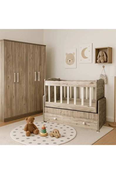 Kaktüs Avm Çekmeceli Sallanır Anne Yanı Bebek Odası Takımı Beşik 50 x 100 Gardırop 120 X 174 X 45 ürün görseli 1