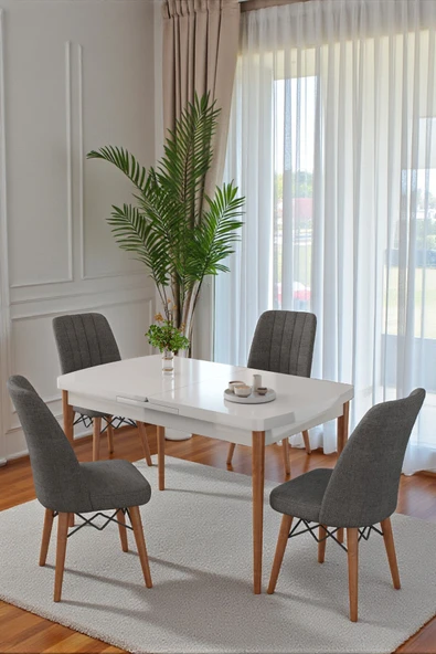 Kaktüs Avm 80x170CM Mutfak Masası Takımı | 4 Kişilik Açılır Masa Sandalye Takımı - Beyaz Masa - Antrasit ürün görseli 1
