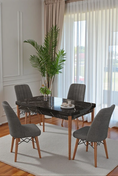 Kaktüs Avm 80x170CM Mutfak Masası Takımı | 4 Kişilik Açılır Masa Sandalye Takımı - Siyah Mermer Masa - Antrasit ürün görseli 1