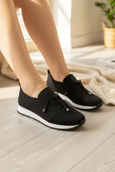 Enoch Hakiki Deri Siyah ve Esnek Tekstil Kombinli Taş Detaylı Ortopedik Sneaker ürün görseli 1