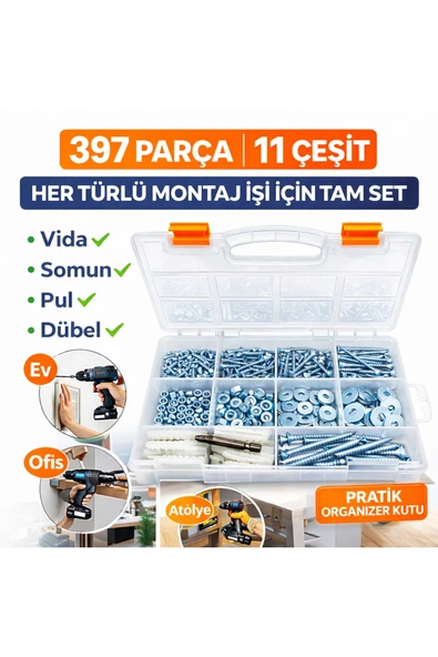 Civtex 397 Parça Vida Somun Pul Dübel Seti Organizer Kutulu ürün görseli 1