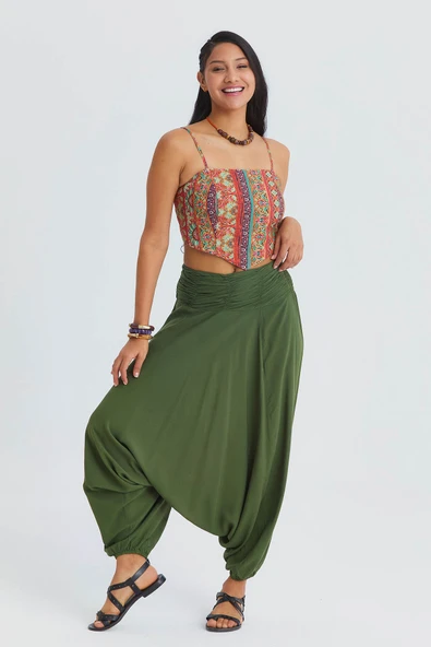 Drape Detay Beli Lastikli Şalvar Pantolon - Resim 6