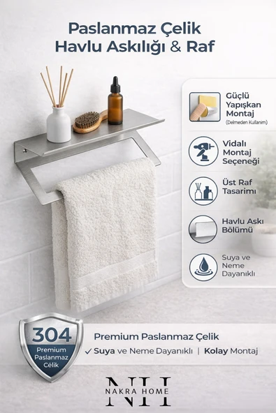 NAKRA HOME Raflı Havlu Askılığı Paslanmaz Çelik Yapışkanlı Vidalı Banyo Raflı Havluluk ürün görseli 1