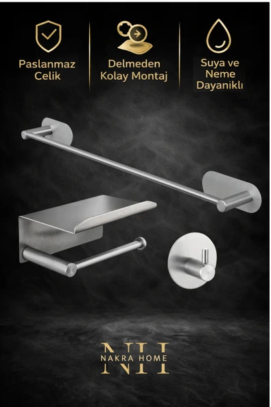 NAKRA HOME 3'lü Paslanmaz Çelik Yapışkanlı Havlu Askısı ve Tuvalet Kağıtlığı | Neme Dayanıklı Havluluk ürün görseli 1
