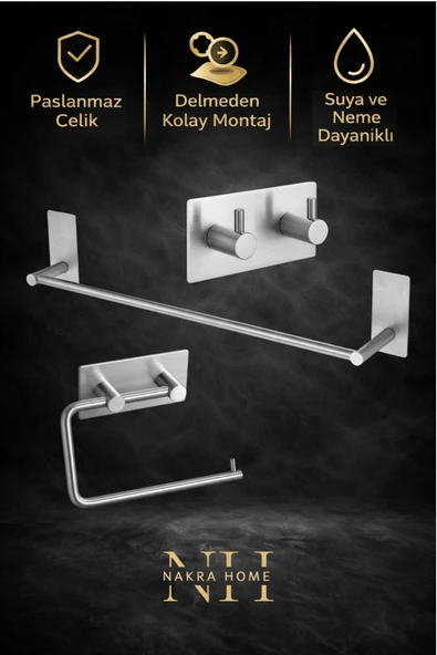 NAKRA HOME 3'lü Set ( Paslanmaz Çelik Yapışkanlı Havlu Askısı , Tuvalet Kağıtlığı ve 2'li Askılık ) Havluluk ürün görseli 1
