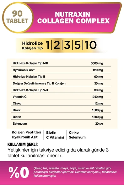 NUTRAXIN COLLAGEN COMPLEX TİP 1-2-3-5-10 3120 MG 90 TABLET ürün görseli 1